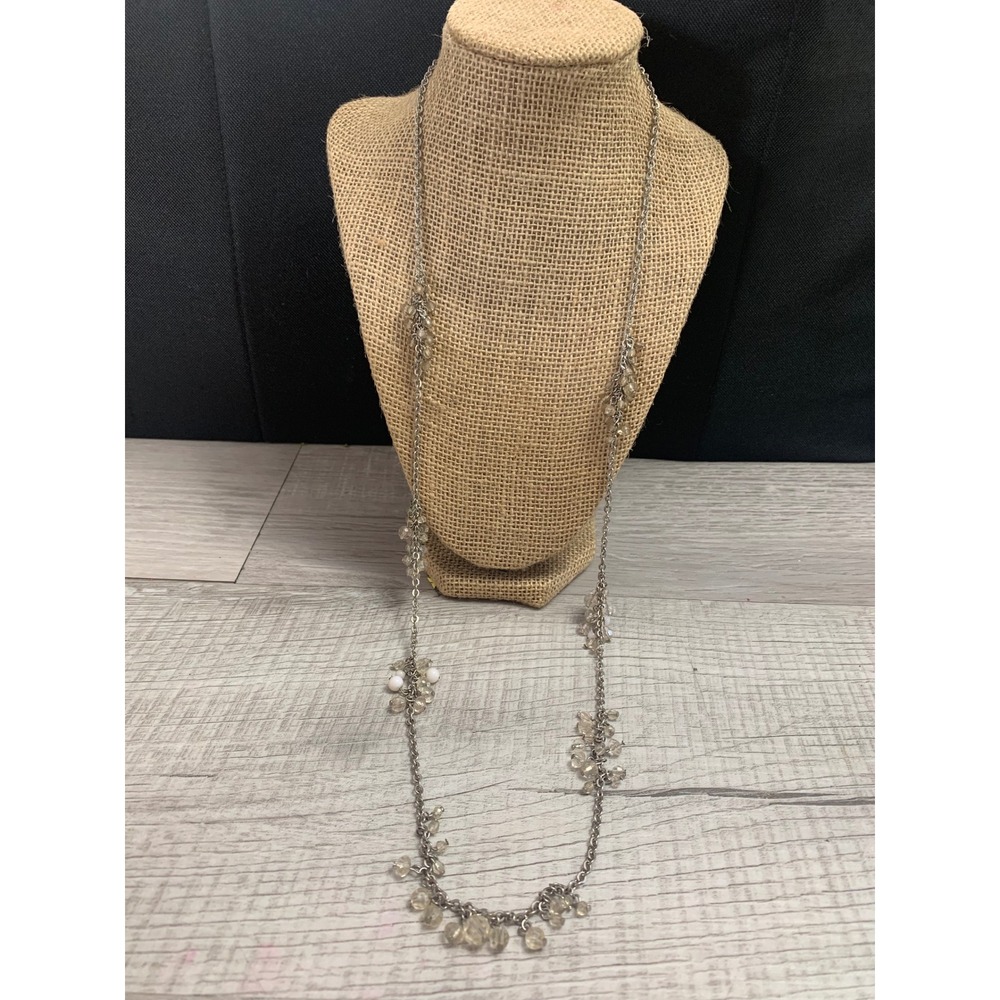 Silver Tone Long Beaded Cluster Station Necklace 32 Inch Clear White Smoky